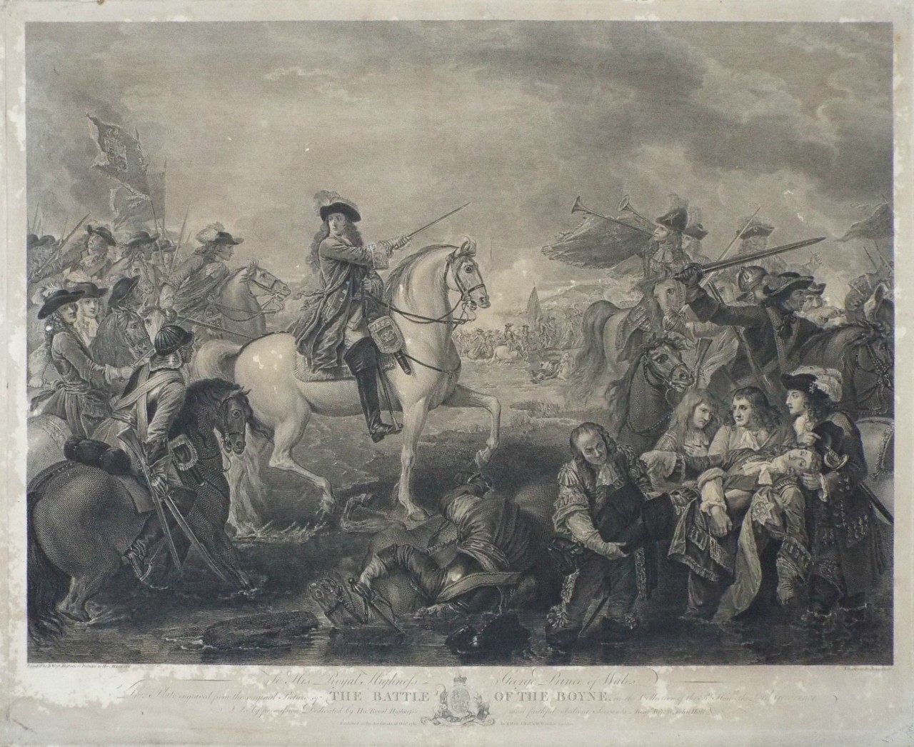 Print - To His Royal Highness George Prince of Wales, This Plate engraved from the original Picture of The Battle of the Boyne, in the Collection of the Rt. Honble. the Lord Grosvenor Is by permission Ddicated by His Royal Highness's most faithful obedient Servants Benn. West & John Hall. - Hall